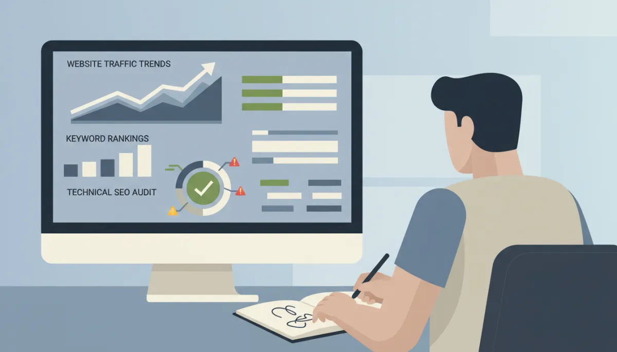 SEO specialist reviewing AI-generated website performance and ranking reports SEO specialist reviewing AI-generated website performance and ranking reports