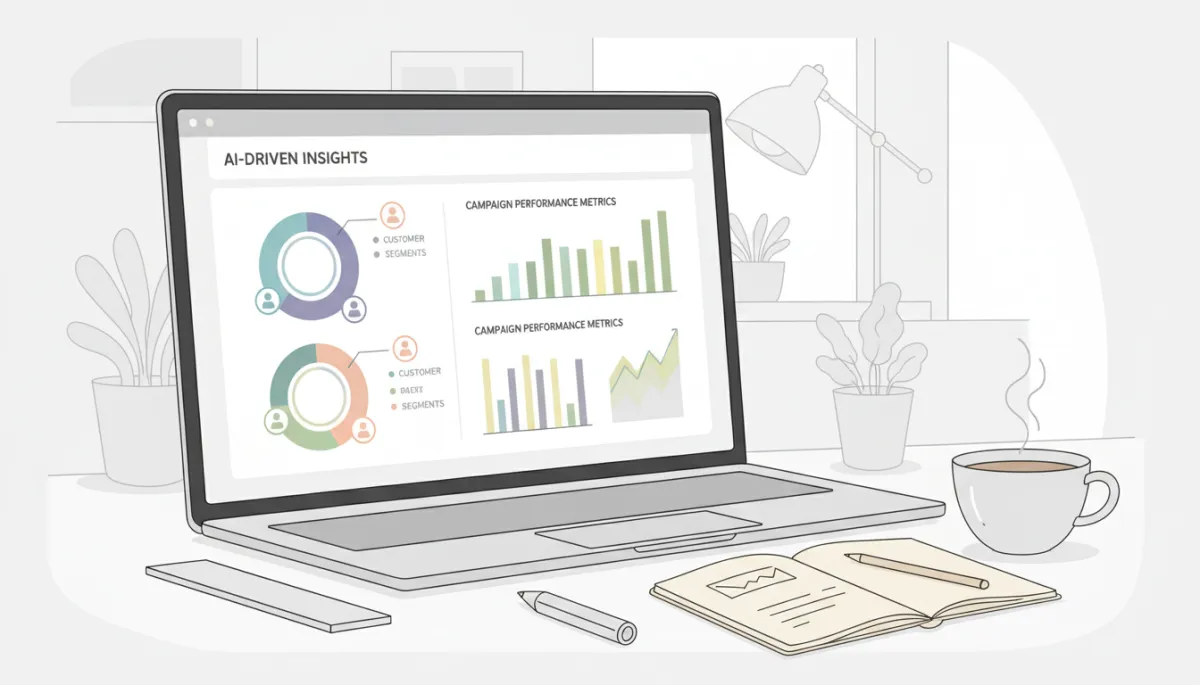 Laptop showing AI-driven marketing dashboard with customer segments and performance metrics Laptop showing AI-driven marketing dashboard with customer segments and performance metrics