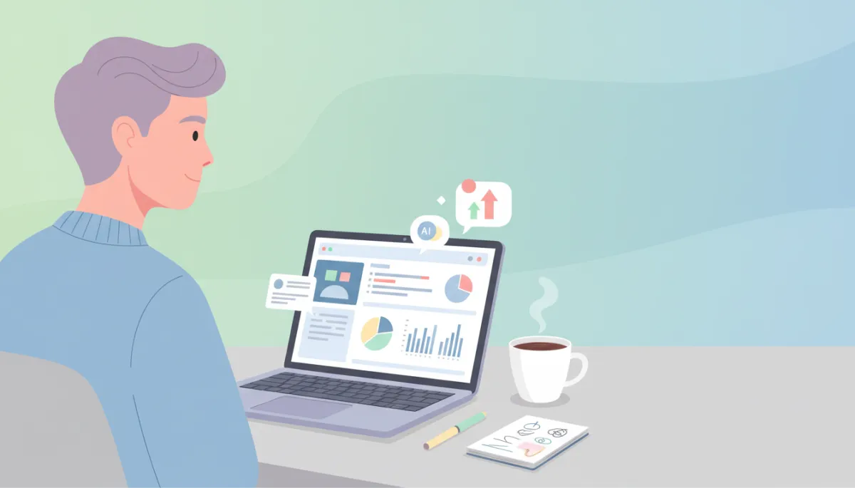 Marketer reviewing organized customer data and AI insights in a CRM dashboard Marketer reviewing organized customer data and AI insights in a CRM dashboard