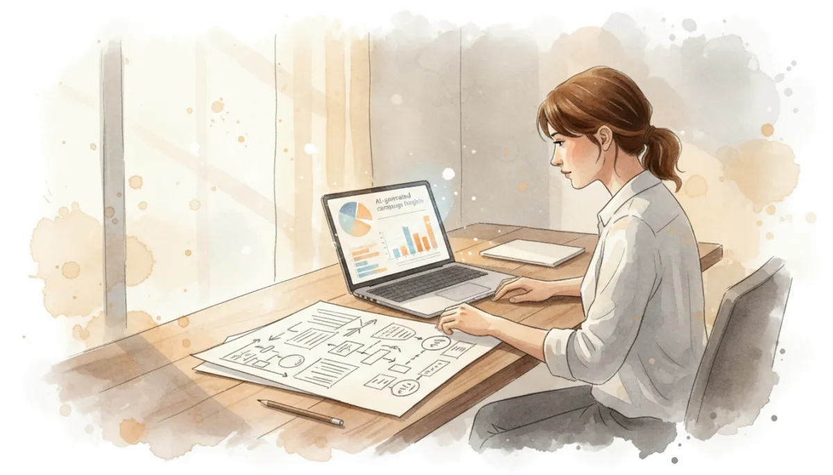 Marketer reviewing AI-generated insights alongside a strategic campaign plan