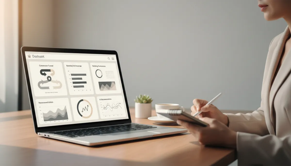 Marketer reviewing AI-powered marketing dashboard with performance metrics and recommendations Marketer reviewing AI-powered marketing dashboard with performance metrics and recommendations