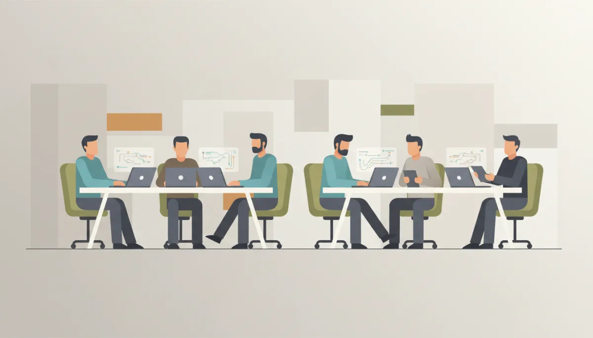 Employees collaborating with AI tools in a modern open-plan office Employees collaborating with AI tools in a modern open-plan office