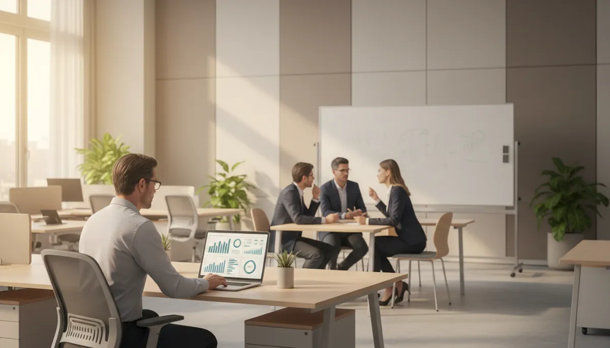 Manager reviewing AI-driven performance dashboard in a modern office Manager reviewing AI-driven performance dashboard in a modern office