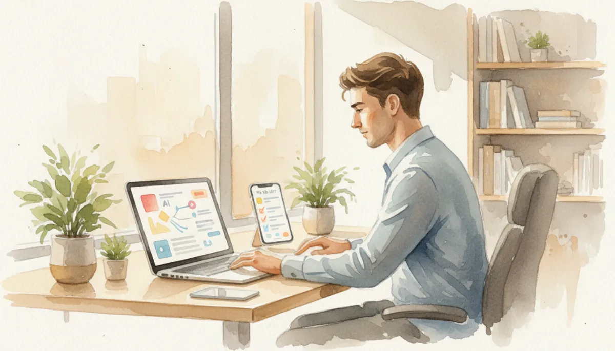 Professional setting where a user reviews AI-generated notes and tasks Professional setting where a user reviews AI-generated notes and tasks