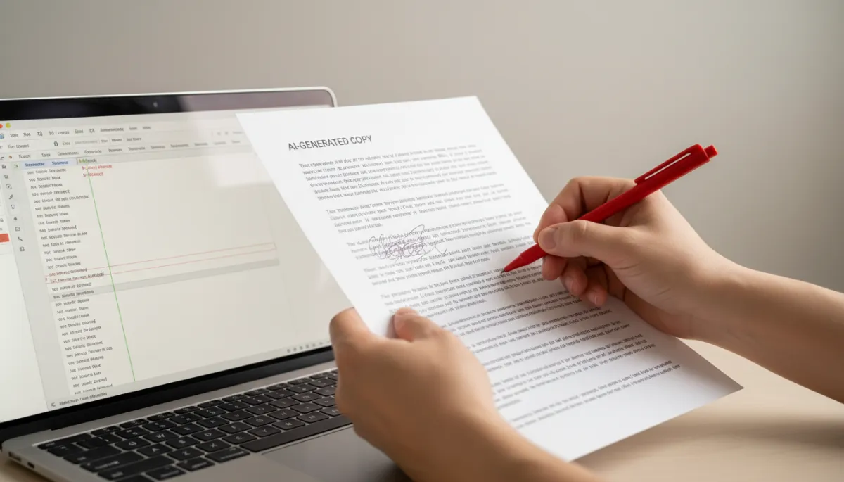 Copywriter marking edits on printed AI-generated content beside a laptop