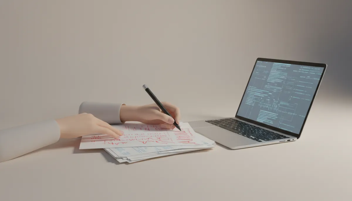 Editor marking corrections on printed AI-generated content Editor marking corrections on printed AI-generated content