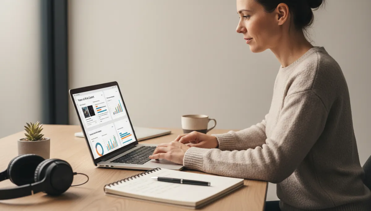 Content strategist reviewing AI-generated drafts and performance data on a laptop Content strategist reviewing AI-generated drafts and performance data on a laptop