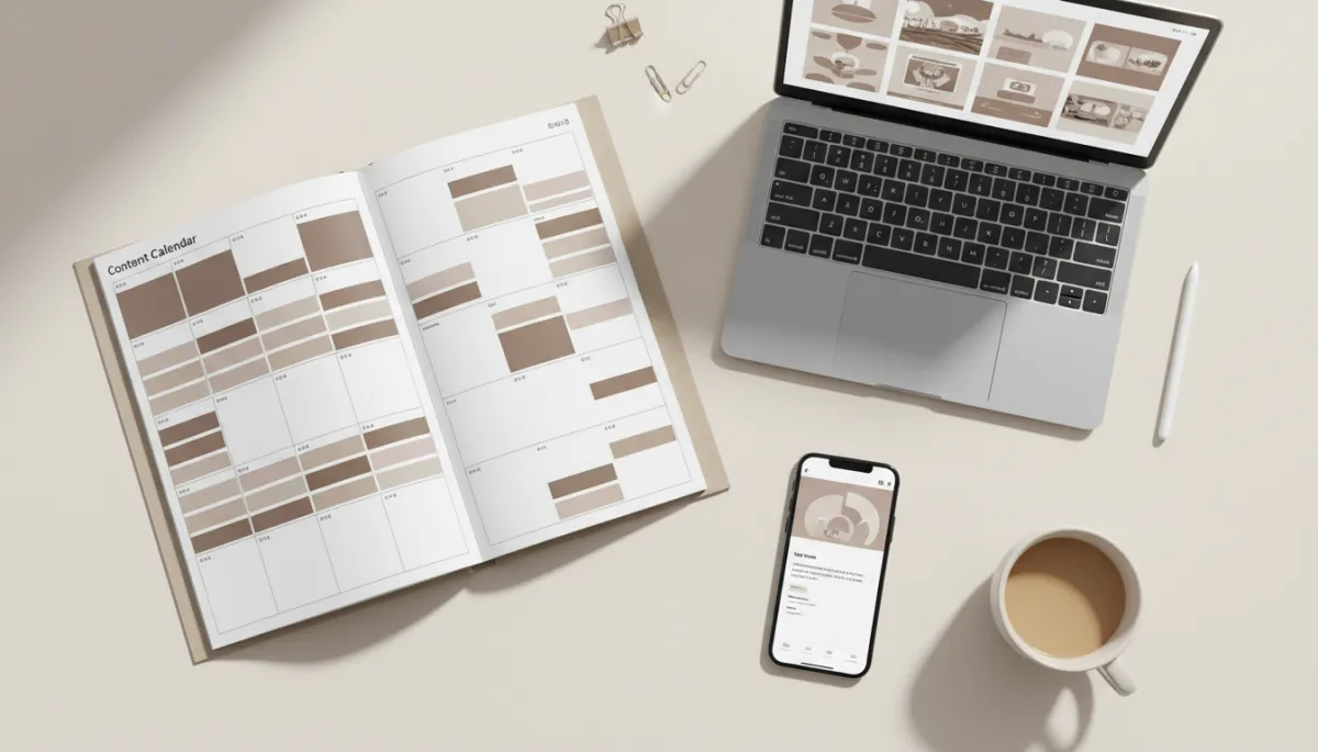 Flat lay of a content calendar and AI-generated repurposed posts