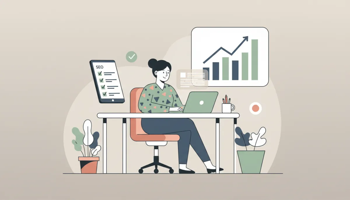 Marketer reviewing AI-generated blog content alongside SEO performance charts
